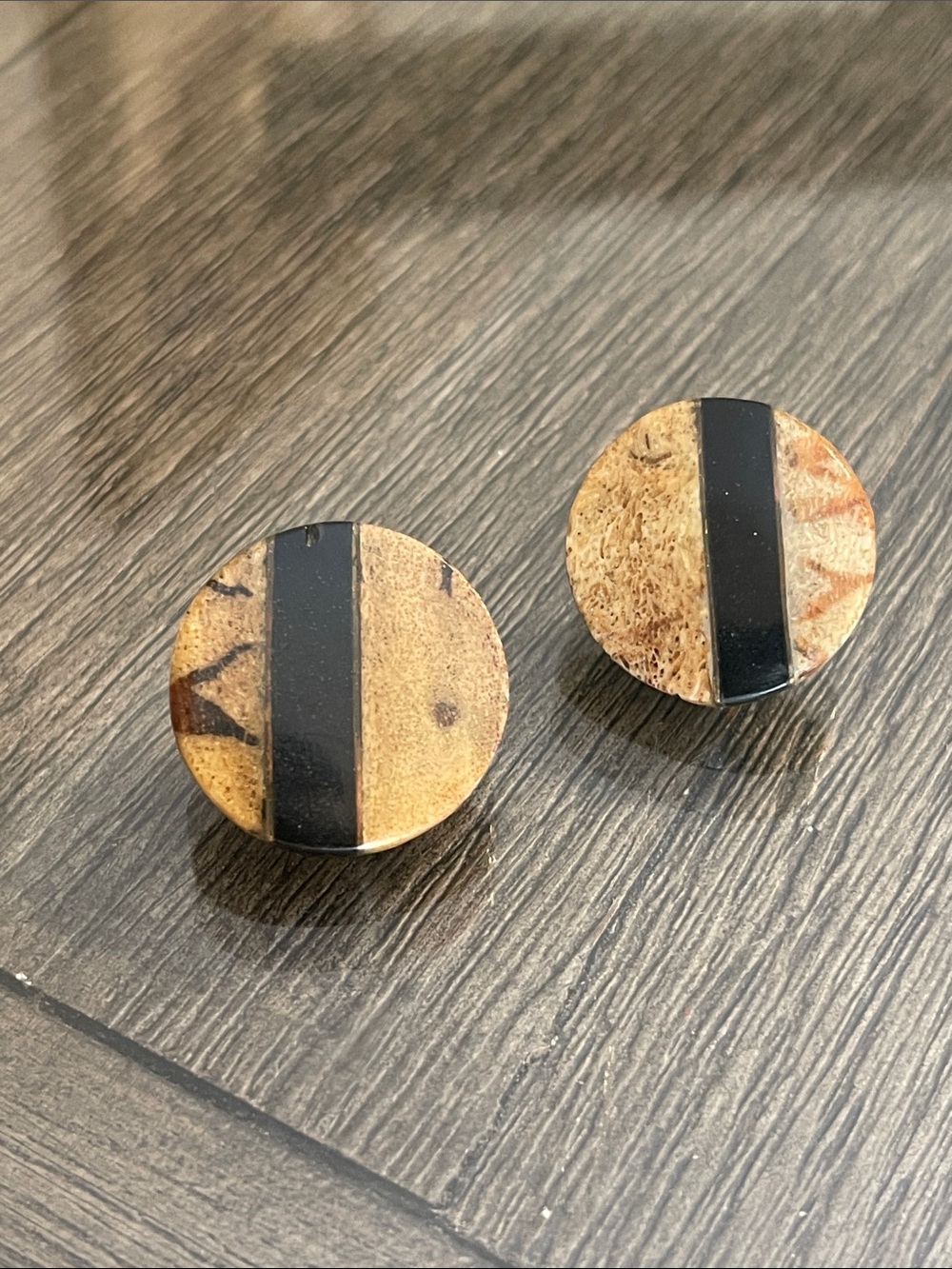 Vintage Flat Round Button Earrings with Inlaid Stripe Design 1” Diameter Approx